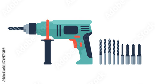 A cordless power drill and a set of drill bits are shown on a white background.