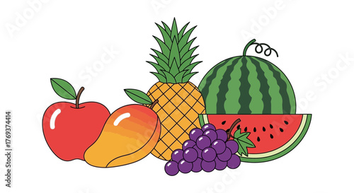A vibrant assortment of fresh fruits, including apples, mangoes, pineapples, grapes, and watermelon, are artfully arranged together.