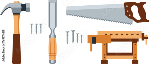 A collection of woodworking tools including a hammer, chisel, saw, and workbench.
