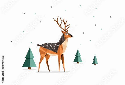 Geometric Illustration of Majestic Deer in a Stylized Snowy Forest with Abstract Trees and Falling Snowflakes