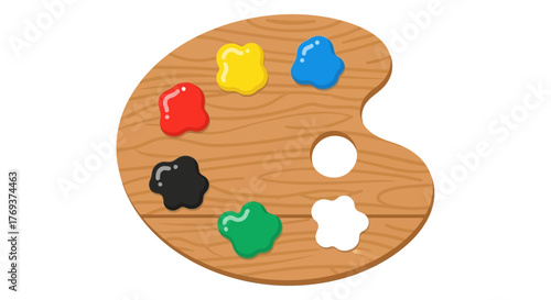 A wooden artist's palette holds blobs of colorful paint.