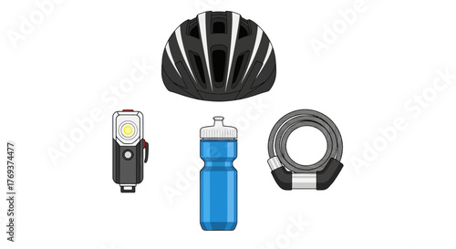 A bicycle helmet, water bottle, light, and lock are arranged for cycling.