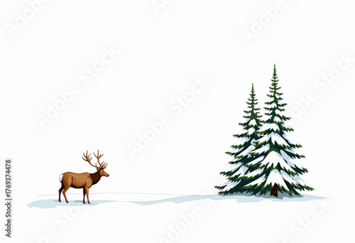 A solitary deer stands gracefully in a tranquil winter landscape, surrounded by pristine snow and towering fir trees, embodying nature's serene beauty and quiet elegance