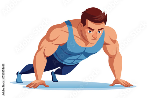 bodybuilder performing a push up on white-background