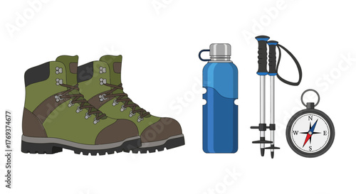 Hiking boots, water bottle, trekking poles, and compass are essential for outdoor adventures.