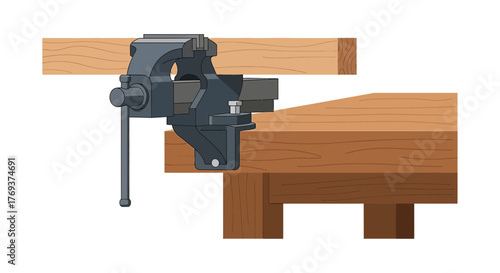 A heavy-duty vise is clamped to a wooden workbench for securing materials.