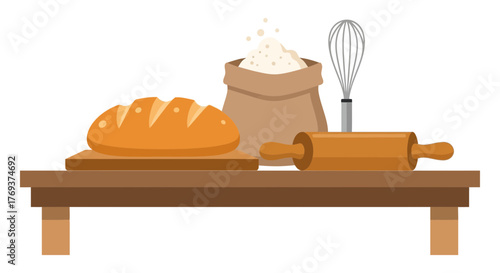 Freshly baked bread sits on a wooden table with baking ingredients and tools.