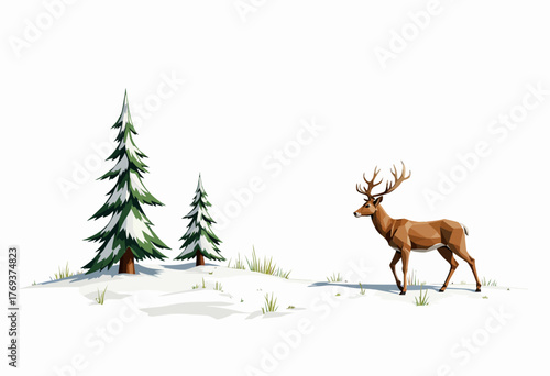 Polygonal Deer Standing on Snowy Landscape with Evergreen Trees Under Clear Sky, Capturing Winter Wilderness and Stealthy Nature in Minimalist Art Style