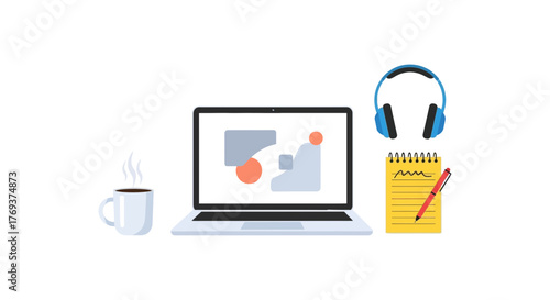 A laptop, headphones, a notebook, and a steaming cup of coffee are arranged on a white surface.