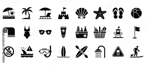 Beach Vacation Icon Set. including Beach, Palm, Umbrella, Sandcastle, Seashell, Starfish, Flipflop, Beachball, Towel, Swimsuit more