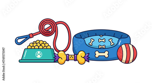 A collection of pet accessories including a leash, food bowl, dog bed, and toy.