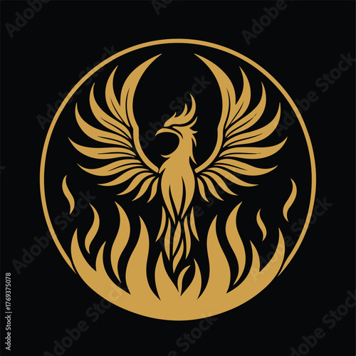 Golden Phoenix Rising from Flames Logo – Elegant Mythical Bird Vector Design on Black Background