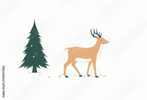 Illustration of a Majestic Deer Gracefully Walking in a Serene Winter Forest with Snowflakes Gently Falling and a Pine Tree in the Background