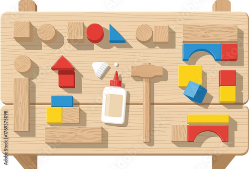 A wooden workbench displays colorful building blocks and crafting supplies for creative play.