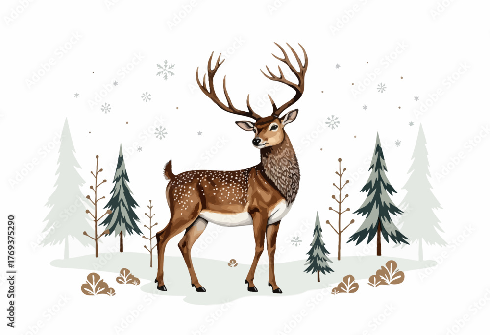 Obraz premium Majestic Deer Standing Gracefully in a Serene Winter Forest Scene with Snowflakes and Evergreen Trees in a Harmonious Nature Illustration