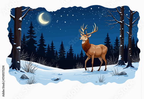 Majestic Deer Standing in a Snowy Forest Under a Starry Night Sky with Crescent Moon Illuminating the Serene Winter Landscape
