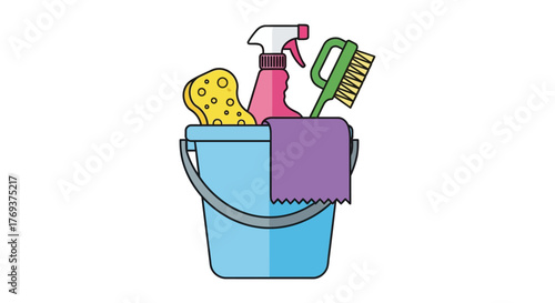 A bucket filled with cleaning supplies including a sponge, spray bottle, cloth, and brush.
