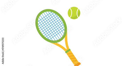 A tennis racket and ball are depicted on a white background.