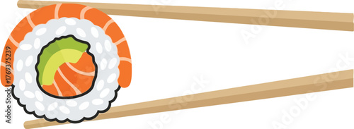 Chopsticks hold a delicious salmon avocado sushi roll against a white background.
