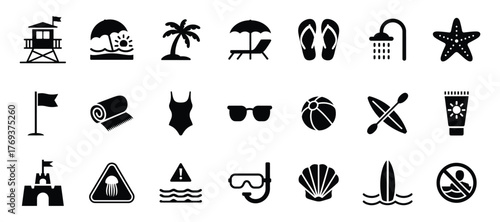 Black silhouette beach icons set representing summer vacation and seaside activities