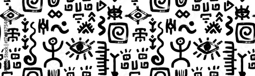 Ethnic african mexican or maya tribal seamless pattern with black human figure, spiral and eye icons. Vector background showing aztec inspired texture perfect for textile, wallpaper, and art prints.