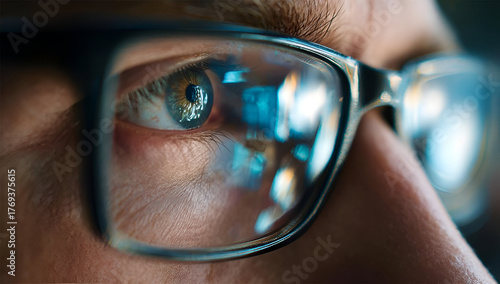 Wallpaper Mural Close-up view of a person's eye behind glasses, showcasing detailed patterns and reflections, highlighting focus and vision. Torontodigital.ca