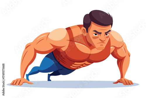 bodybuilder performing a push up on white-background