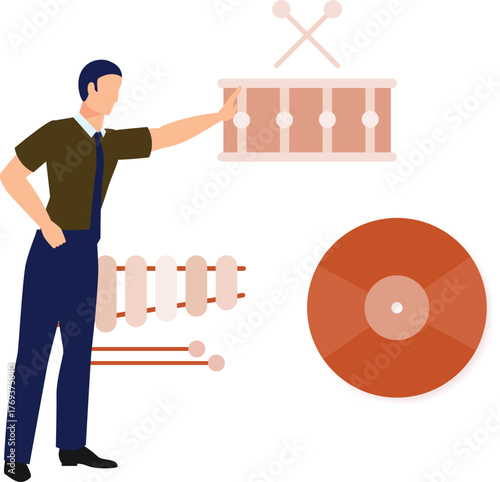 The boy is checking the sound of the snare drum