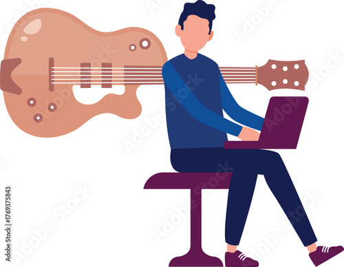 The boy is checking acoustic guitar.