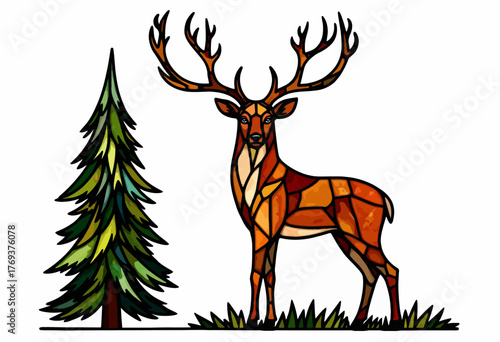 Stained Glass Art Depicting a Majestic Deer with Intricate Antlers Standing Beside a Lush Evergreen Tree in a Nature-Inspired Design