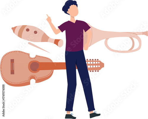 The boy is explaining music giutar.