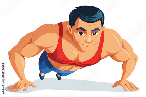bodybuilder performing a push up on white-background