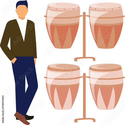 The boy is looking at music drum