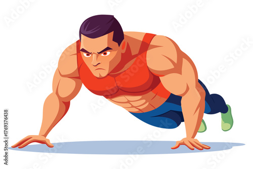 bodybuilder performing a push up on white-background