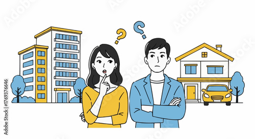 Asian couple choosing between apartment and house — flat vector illustration of housing decision and lifestyle choice