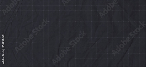 Crumpled black paper material with creased surface and checker grid background. Vector pattern with plotting lines and dots, suitable for bullet journal, wrapping or vintage collage design