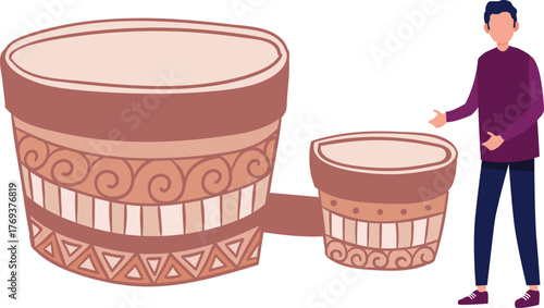 The boy is presenting bongo drums.