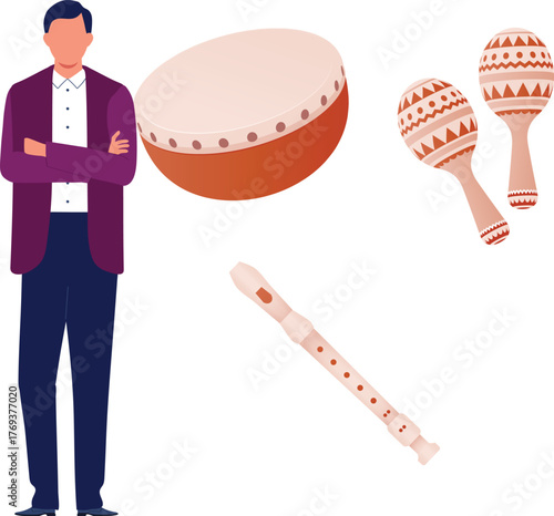 The boy is presenting flute and maracas.