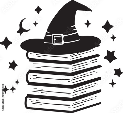 A magical of books with a witch’s hat resting on top, symbolizing wisdom, mystery, and enchantment