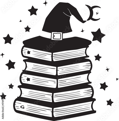 A magical of books with a witch’s hat resting on top, symbolizing wisdom, mystery, and enchantment