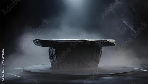 Mysterious stone altar illuminated by soft light, surrounded by mist, evoking ancient rituals and spiritual ambiance.