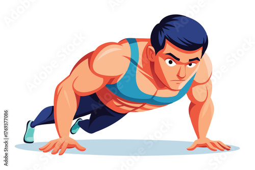 bodybuilder performing a push up on white-background