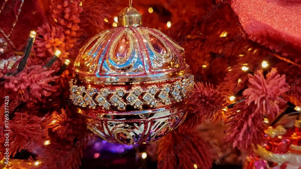 Close up of colored christmas ball on christmas tree with lights