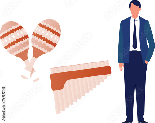 The boy is standing next to pan flute