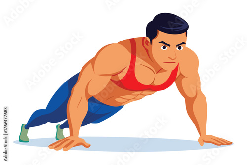 bodybuilder performing a push up on white-background