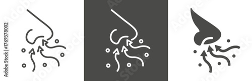 flat and linear set icons, nose icon, sense smell, odour scent, simple symbols on white and black background - editable stroke vector illustration