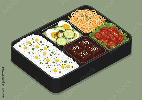 A clean isometric vector illustration showcases a balanced bento box meal with rice, spicy chicken, sesame noodles, sliced eggs, and glazed tofu