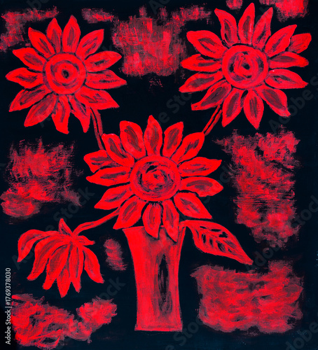 Red sunflowers on black background acrylic painting on canvas
