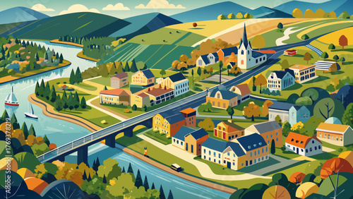 Very beautiful overhead view of the Delaware River aerial landscape showing the charming small town of Lambertville, New Jersey, and the historic city of New Hope, Pennsylvania, USA, surrounded by 