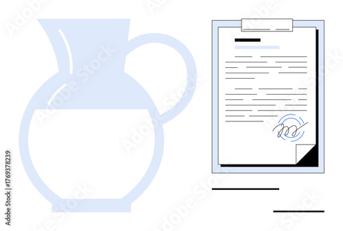 Water pitcher alongside signed document representing transparency, sustainability, trust, and agreement. Ideal for hydration, contracts, legal themes, eco-awareness, health corporate values simple